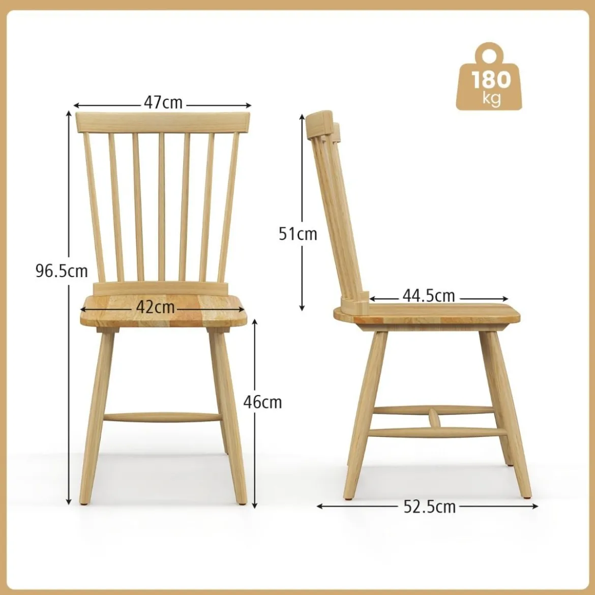2er Set Esszimmerstühle Windsor Stuhl aus Holz mit Hoher Rückenlehne & Fußstütze Natur
