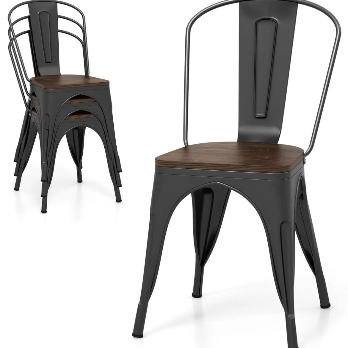 4er Set Esszimmerstuhl aus Metall Stapelbarer Barhocker Bistrostuhl bis 120kg Belastbar Schwarz