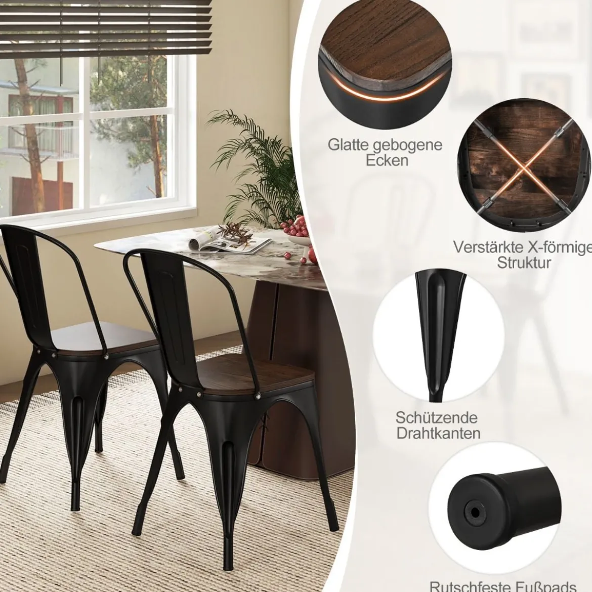 4er Set Esszimmerstuhl aus Metall Stapelbarer Barhocker Bistrostuhl bis 120kg Belastbar Schwarz