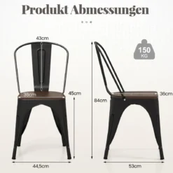 4er Set Esszimmerstuhl aus Metall Stapelbarer Barhocker Bistrostuhl bis 120kg Belastbar Schwarz