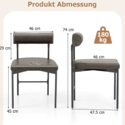 2er Set Esszimmerstuhl Küchenstuhl aus PVC-Leder mit gepolsterter Rückenlehne Grau