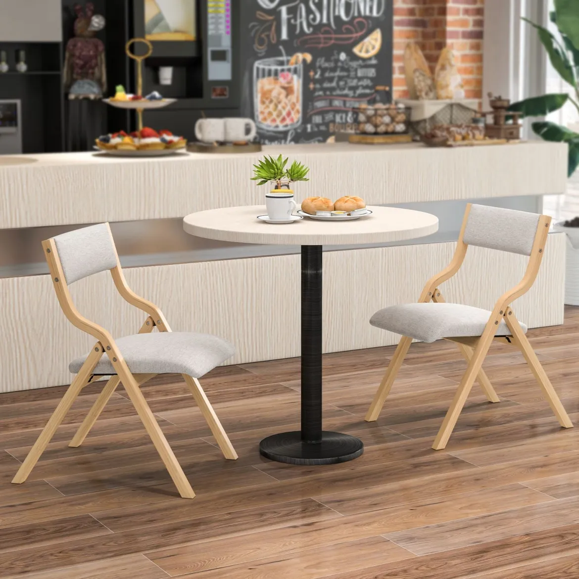 2er Set Esszimmerstuhl mit Gepolsterten Sitzen & Massivholzrahmen Klappstühle Natur