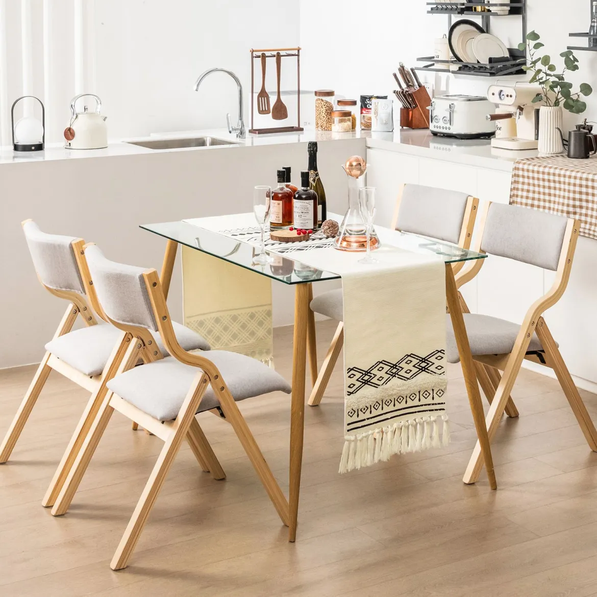 2er Set Esszimmerstuhl mit Gepolsterten Sitzen & Massivholzrahmen Klappstühle Natur