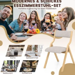 2er Set Esszimmerstuhl mit Gepolsterten Sitzen & Massivholzrahmen Klappstühle Natur