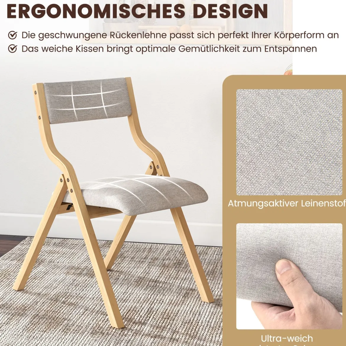2er Set Esszimmerstuhl mit Gepolsterten Sitzen & Massivholzrahmen Klappstühle Natur