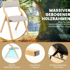 2er Set Esszimmerstuhl mit Gepolsterten Sitzen & Massivholzrahmen Klappstühle Natur