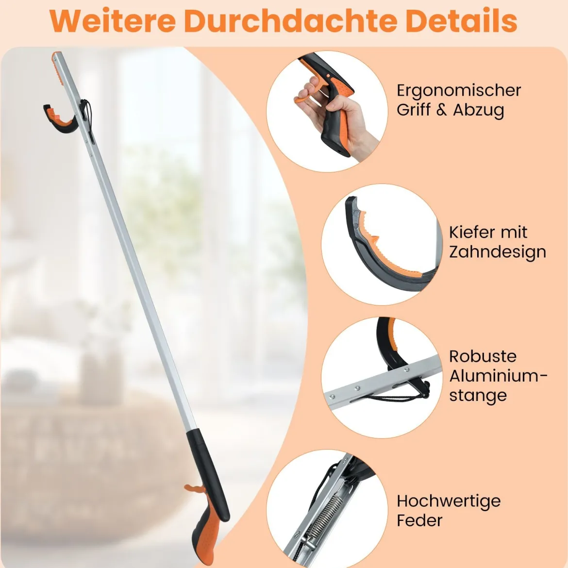 2er Set Extra lange 88 cm Greifzange Gartengreifer & Müllsammler-Stab Leichte Aluminium-Klaue Silber