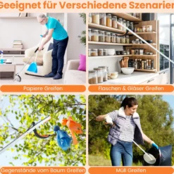 2er Set Extra lange 88 cm Greifzange Gartengreifer & Müllsammler-Stab Leichte Aluminium-Klaue Silber