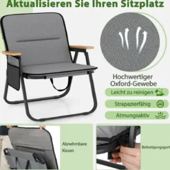 2er Set Faltbare Campingstühle mit Abnehmbarem Kissen & Seitentasche Klappstuhl Grau