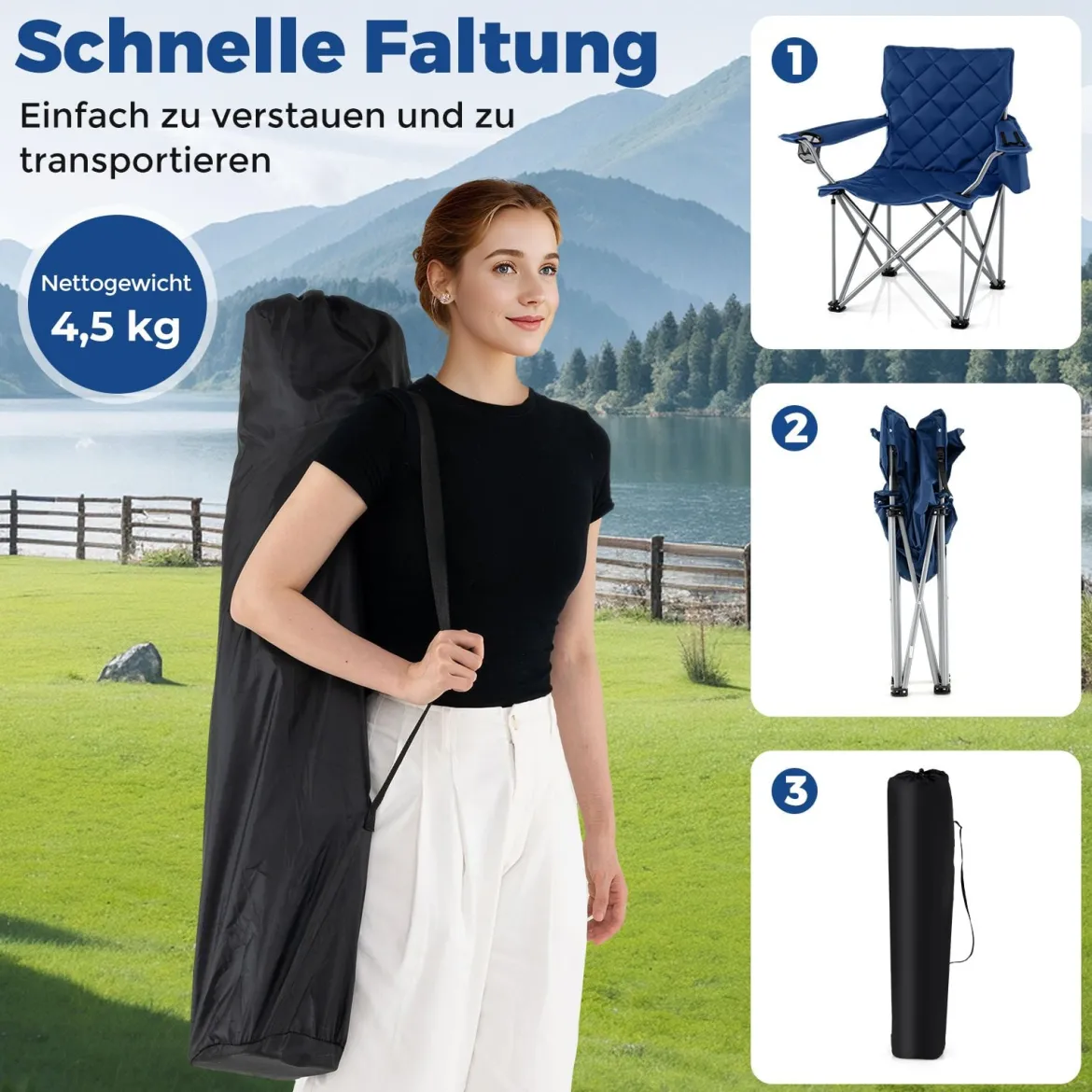 2er Set Faltbarer Campingstuhl mit Kühltasche & Getränkehalter 227KG Belastbar Gepolsterter Angelstuhl Navy