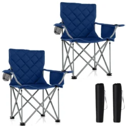 2er Set Faltbarer Campingstuhl mit Kühltasche & Getränkehalter 227KG Belastbar Gepolsterter Angelstuhl Navy