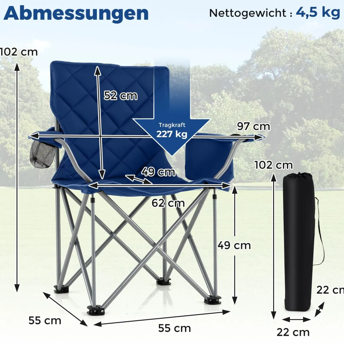2er Set Faltbarer Campingstuhl mit Kühltasche & Getränkehalter 227KG Belastbar Gepolsterter Angelstuhl Navy