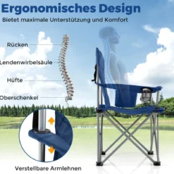 2er Set Faltbarer Campingstuhl mit Kühltasche & Getränkehalter 227KG Belastbar Gepolsterter Angelstuhl Navy