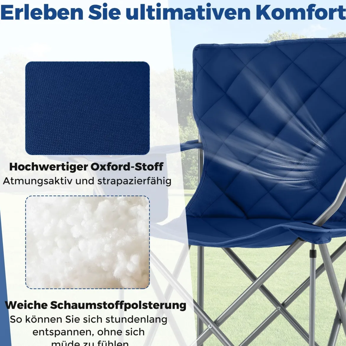 2er Set Faltbarer Campingstuhl mit Kühltasche & Getränkehalter 227KG Belastbar Gepolsterter Angelstuhl Navy