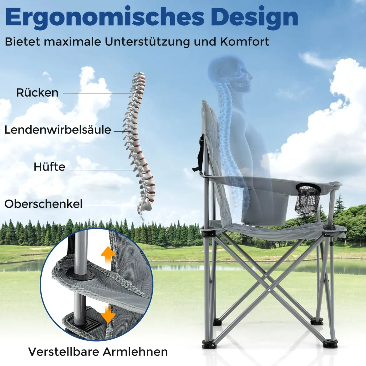 2er Set Faltbarer Campingstuhl mit Kühltasche & Getränkehalter 227KG Belastbar Gepolsterter Angelstuhl Grau
