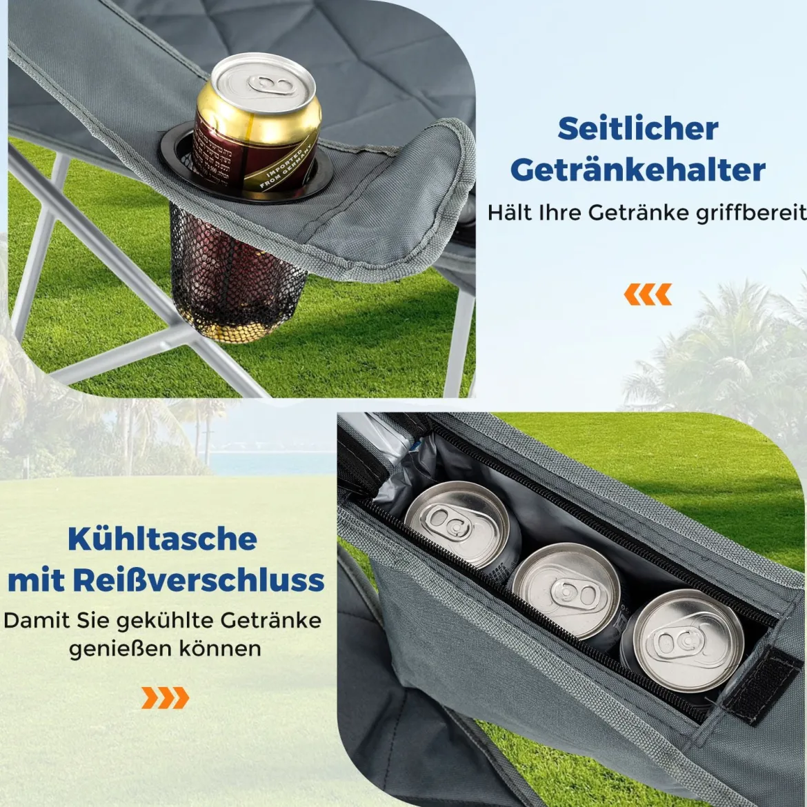 2er Set Faltbarer Campingstuhl mit Kühltasche & Getränkehalter 227KG Belastbar Gepolsterter Angelstuhl Grau