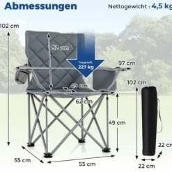 2er Set Faltbarer Campingstuhl mit Kühltasche & Getränkehalter 227KG Belastbar Gepolsterter Angelstuhl Grau