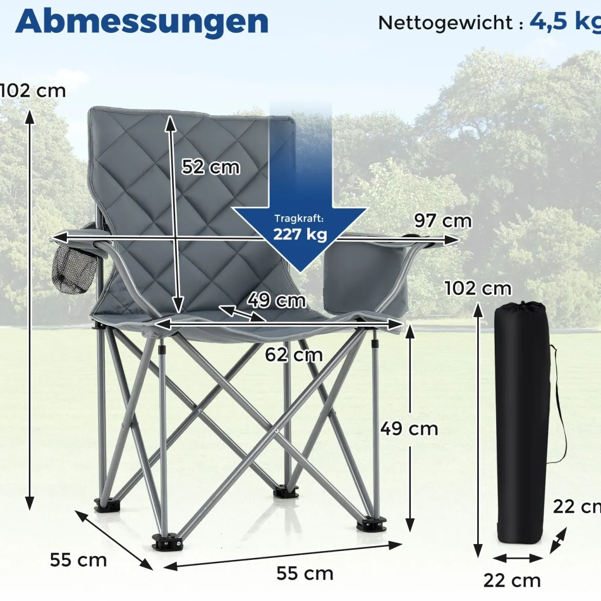 2er Set Faltbarer Campingstuhl mit Kühltasche & Getränkehalter 227KG Belastbar Gepolsterter Angelstuhl Grau