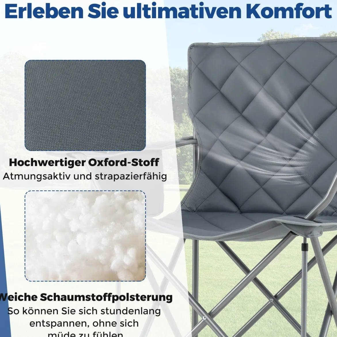 2er Set Faltbarer Campingstuhl mit Kühltasche & Getränkehalter 227KG Belastbar Gepolsterter Angelstuhl Grau