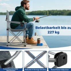2er Set Faltbarer Campingstuhl mit Kühltasche & Getränkehalter 227KG Belastbar Gepolsterter Angelstuhl Grau