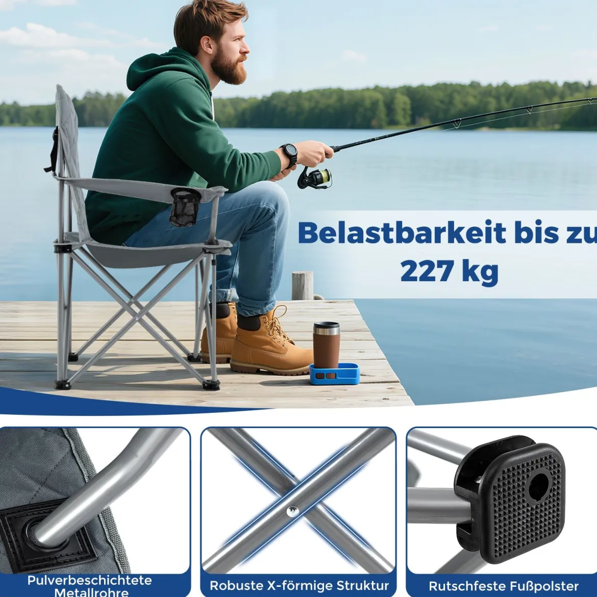 2er Set Faltbarer Campingstuhl mit Kühltasche & Getränkehalter 227KG Belastbar Gepolsterter Angelstuhl Grau