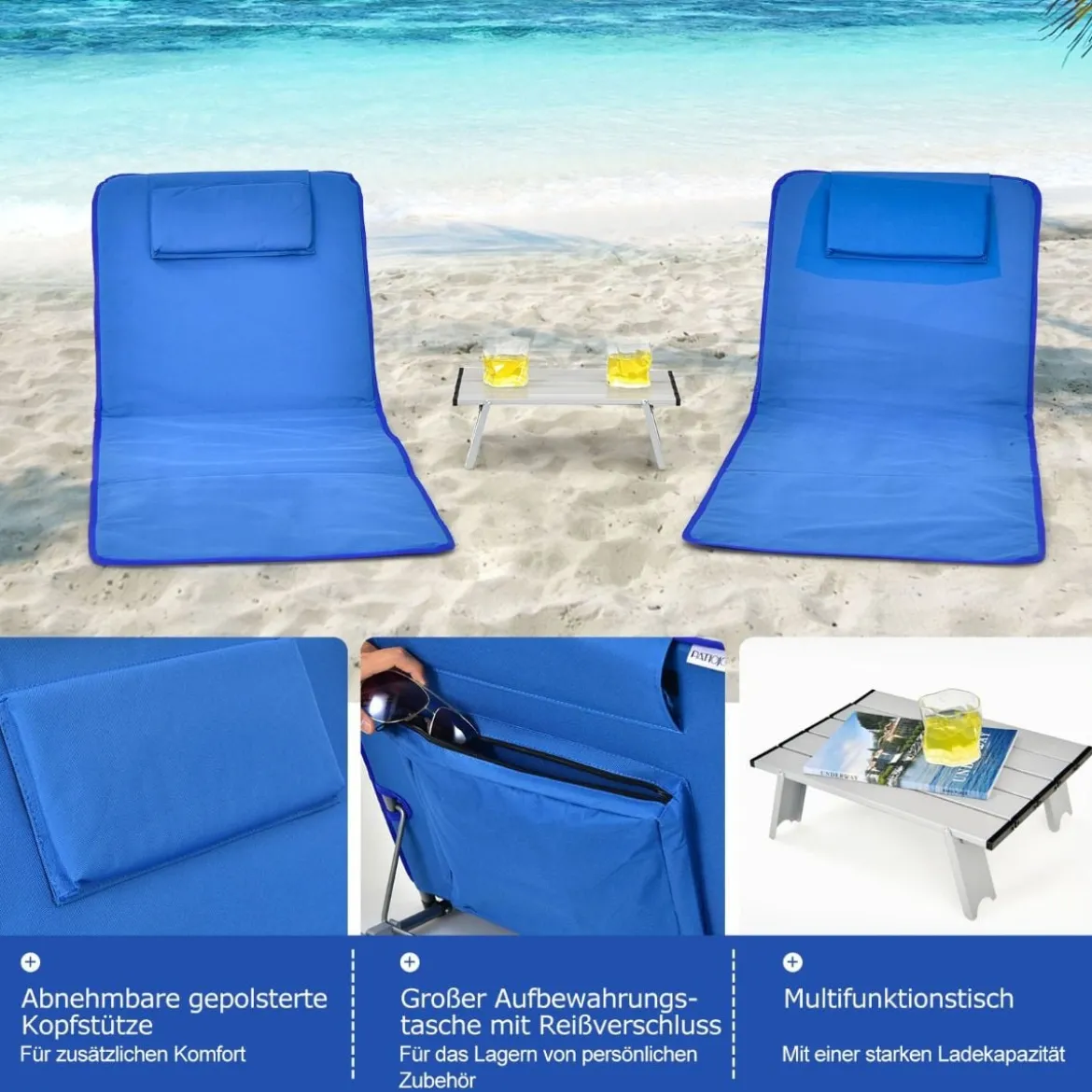 2er Set Faltbare Strandmatte mit 2 Liegestühlen und Beistelltisch 151 x 55,5 x 27-47 Blau