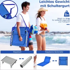 2er Set Faltbare Strandmatte mit 2 Liegestühlen und Beistelltisch 151 x 55,5 x 27-47 Blau