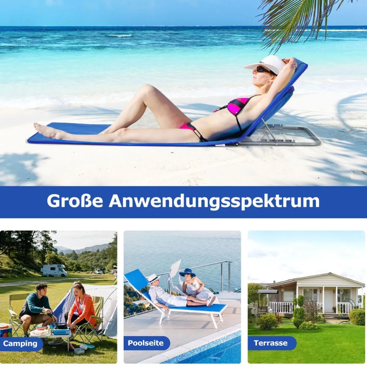 2er Set Faltbare Strandmatte mit 2 Liegestühlen und Beistelltisch 151 x 55,5 x 27-47 Blau