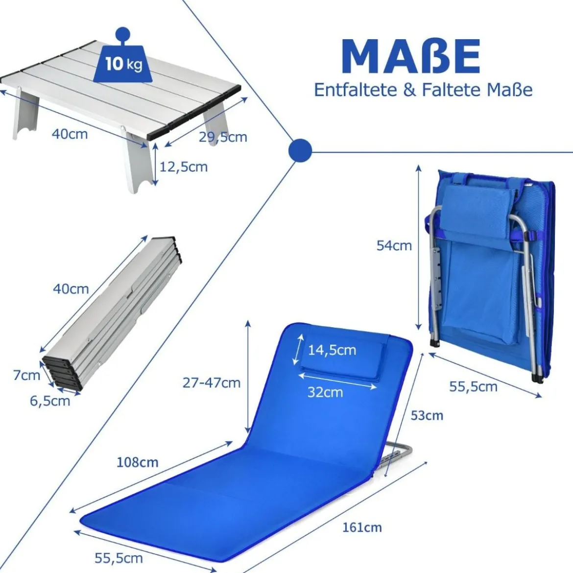 2er Set Faltbare Strandmatte mit 2 Liegestühlen und Beistelltisch 151 x 55,5 x 27-47 Blau