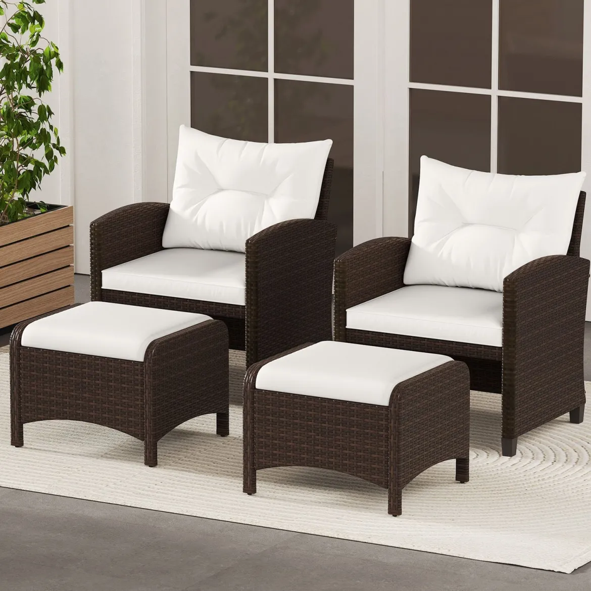 2er Set Fußhocker aus PE-Rattan Gartenhocker mit Abnehmbarem Sitzkissen Metallkonstruktion
