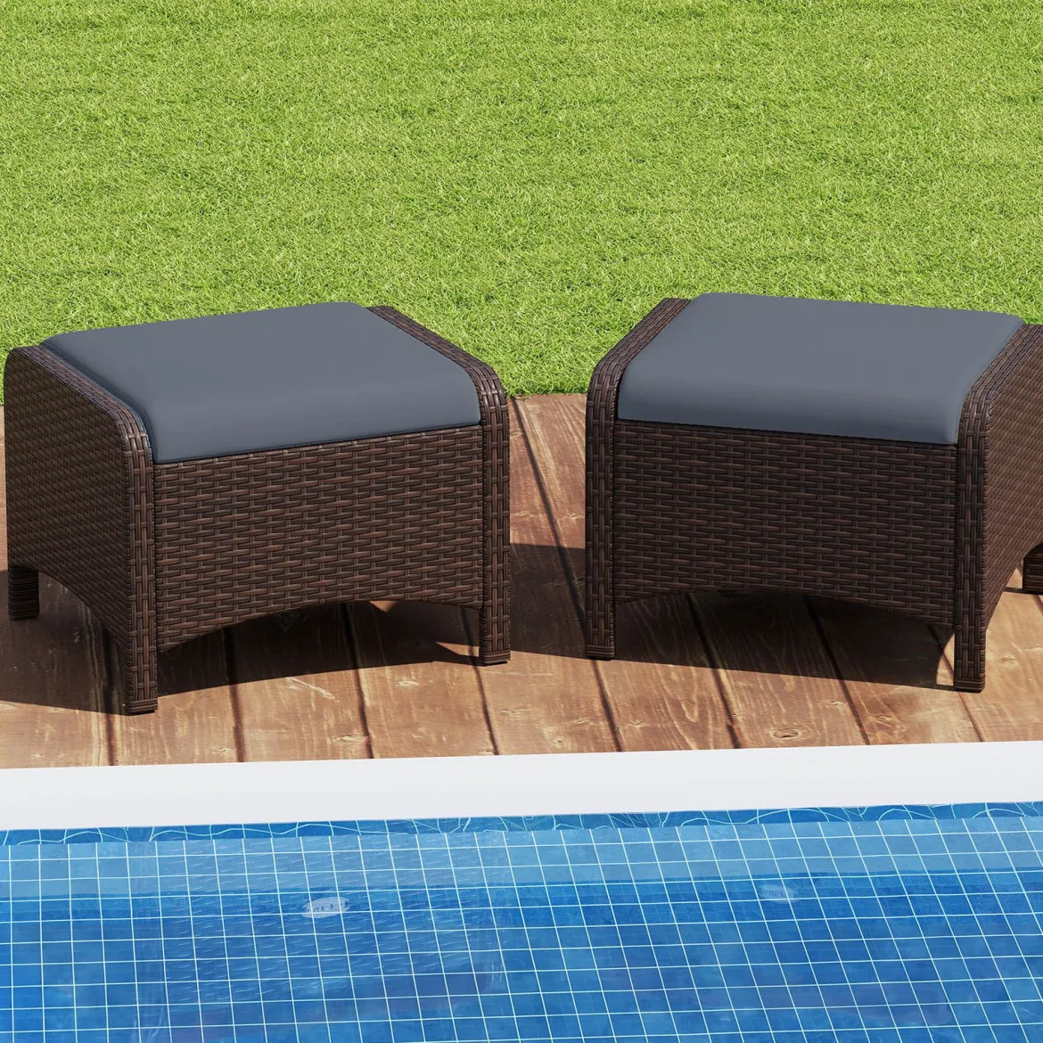 2er Set Fußhocker aus PE-Rattan Gartenhocker mit Abnehmbarem Sitzkissen Metallkonstruktion