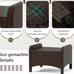 2er Set Fußhocker aus PE-Rattan Gartenhocker mit Abnehmbarem Sitzkissen Metallkonstruktion