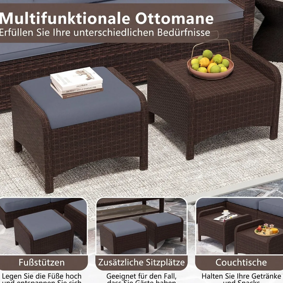 2er Set Fußhocker aus PE-Rattan Gartenhocker mit Abnehmbarem Sitzkissen Metallkonstruktion