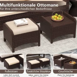 2er Set Fußhocker aus PE-Rattan Gartenhocker mit Abnehmbarem Sitzkissen Metallkonstruktion