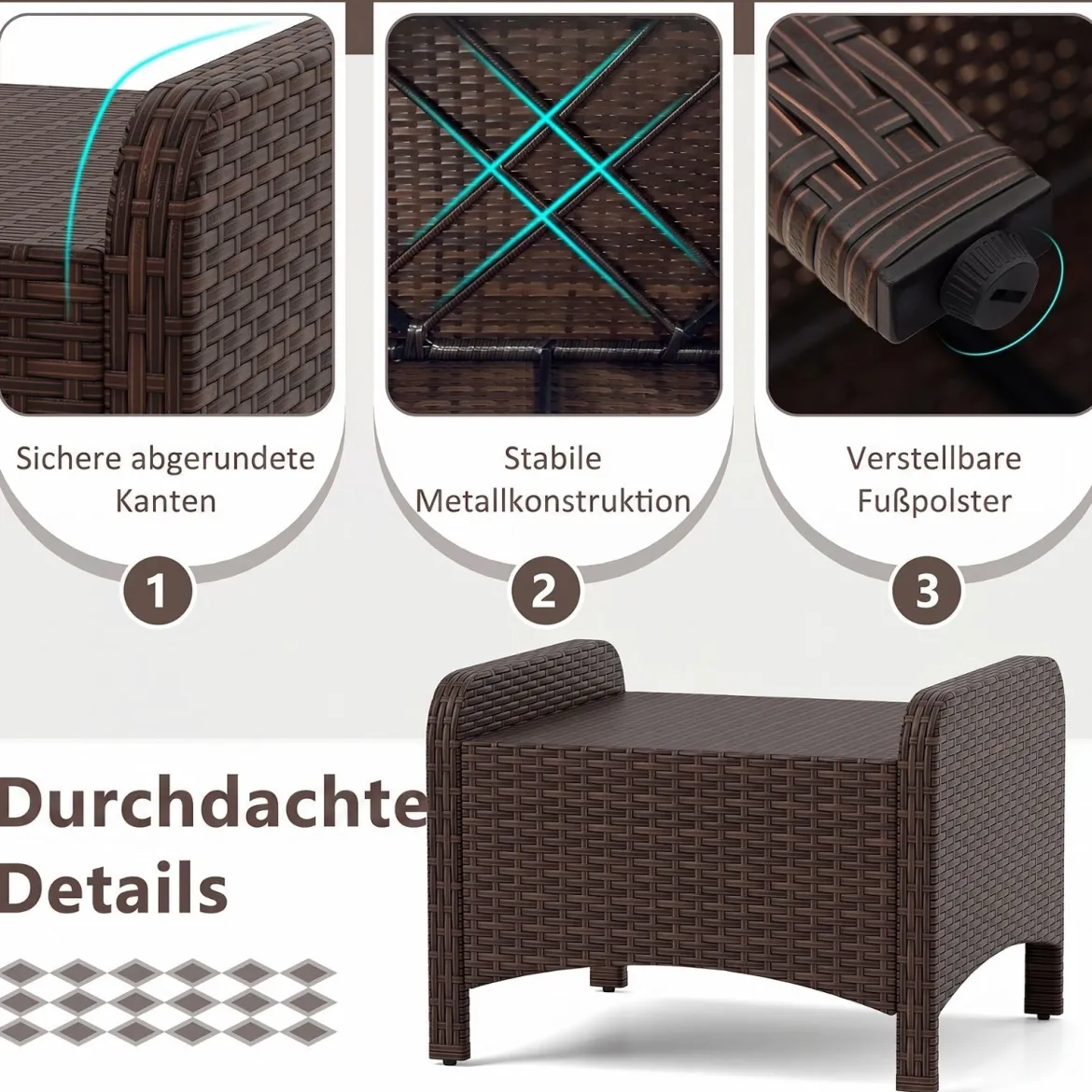 2er Set Fußhocker aus PE-Rattan Gartenhocker mit Abnehmbarem Sitzkissen Metallkonstruktion