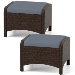 2er Set Fußhocker aus PE-Rattan Gartenhocker mit Abnehmbarem Sitzkissen Metallkonstruktion