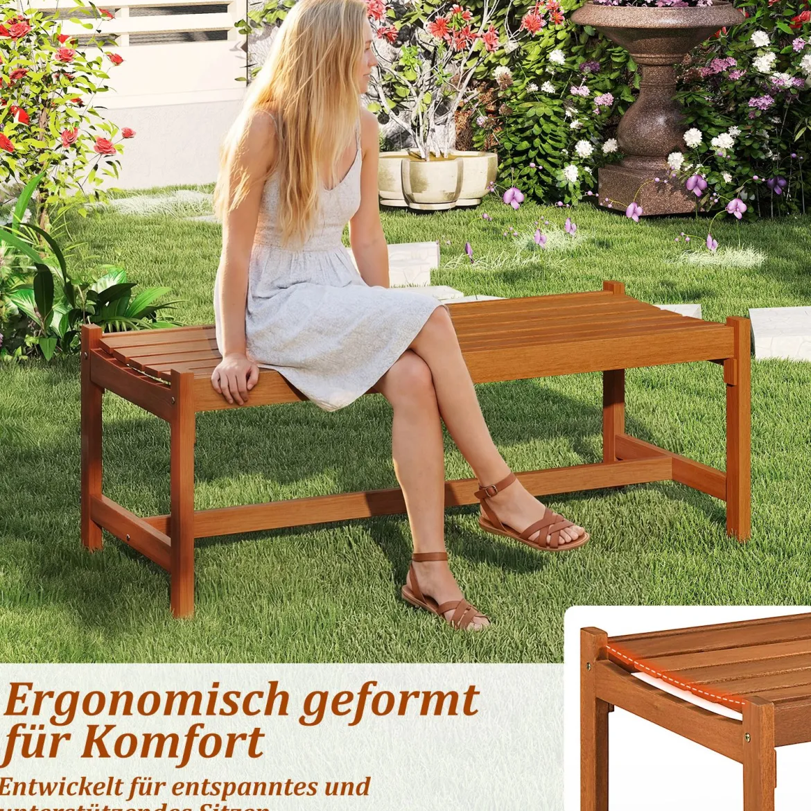 2er Set Gartenbank aus Holz Outdoor Holzbank mit Teaköl-Finish und Geschwungener Sitzfläche