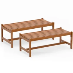 2er Set Gartenbank aus Holz Outdoor Holzbank mit Teaköl-Finish und Geschwungener Sitzfläche
