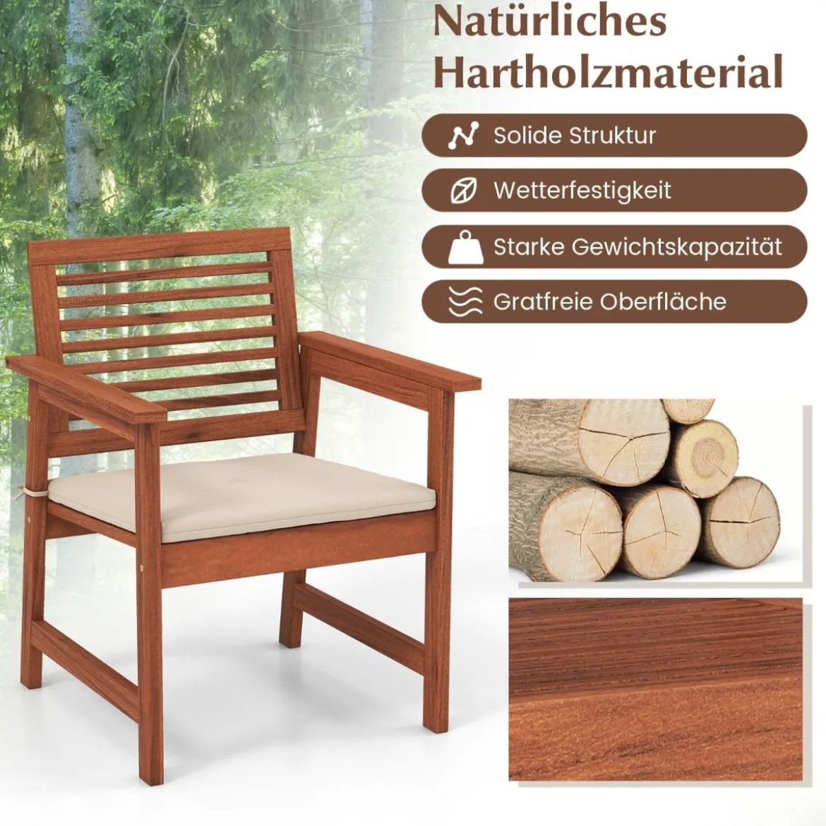 2er Set Garten Essstühle aus Massivholz mit Kissen & Armlehne Gartenstühle Gartensessel 61 x 61 x 81 cm