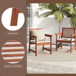 2er Set Garten Essstühle aus Massivholz mit Kissen & Armlehne Gartenstühle Gartensessel 61 x 61 x 81 cm