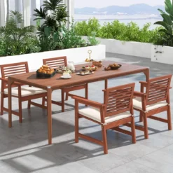 2er Set Garten Essstühle aus Massivholz mit Kissen & Armlehne Gartenstühle Gartensessel 61 x 61 x 81 cm