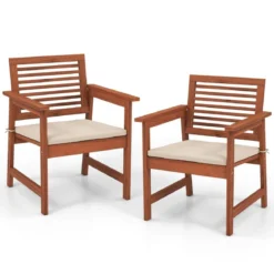 2er Set Garten Essstühle aus Massivholz mit Kissen & Armlehne Gartenstühle Gartensessel 61 x 61 x 81 cm