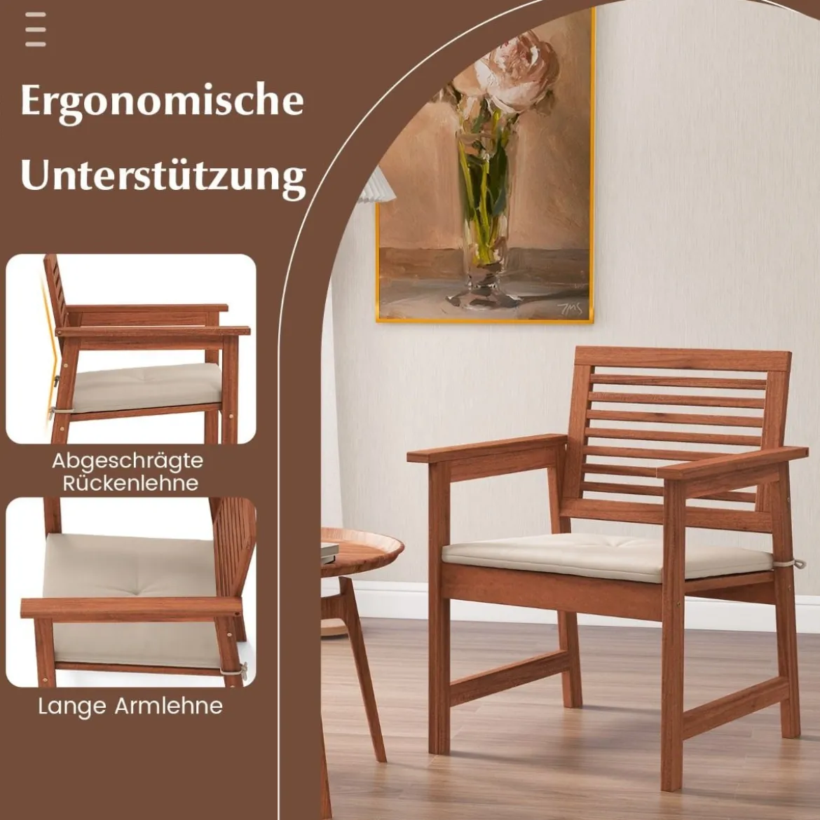 2er Set Garten Essstühle aus Massivholz mit Kissen & Armlehne Gartenstühle Gartensessel 61 x 61 x 81 cm