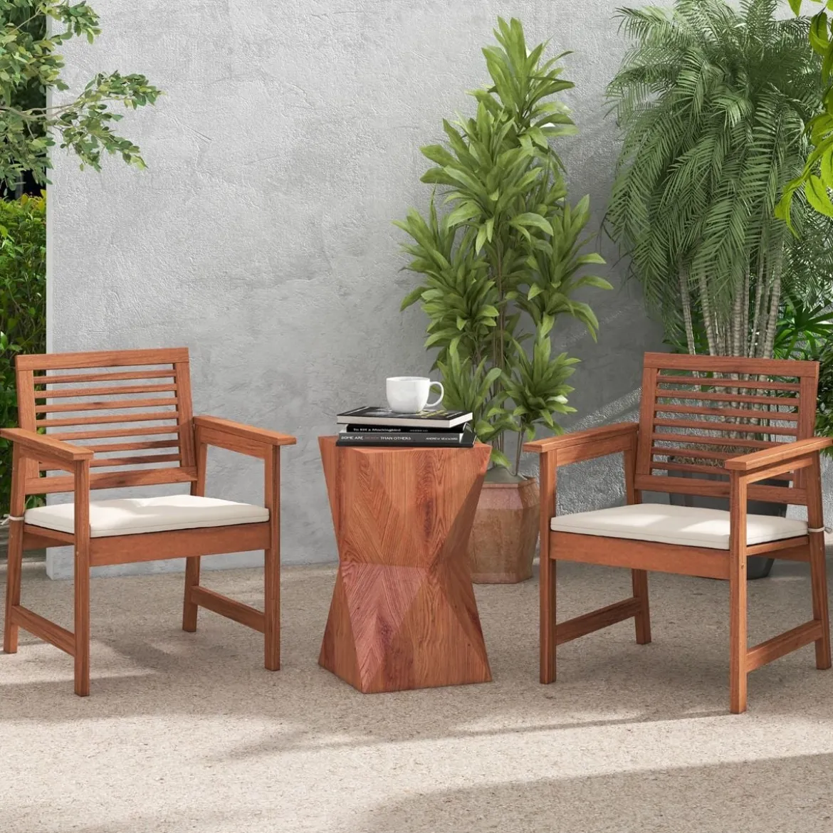 2er Set Garten Essstühle aus Massivholz mit Kissen & Armlehne Gartenstühle Gartensessel 61 x 61 x 81 cm