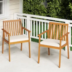 2er Set Garten Esszimmerstühle Outdoor Akazienholz Stühle mit abnehmbarem gepolstertem Kissen Natur