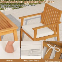 2er Set Garten Esszimmerstühle Outdoor Akazienholz Stühle mit abnehmbarem gepolstertem Kissen Natur