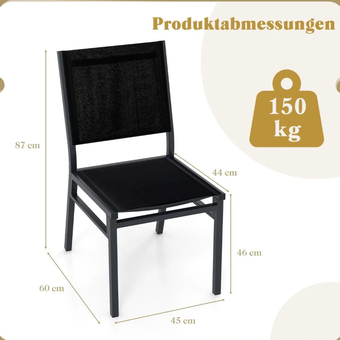 2er Set Gartenstühle Alu wetterfeste Terrassenstühle mit atmungsaktivem Sitz und Rückenlehn 60 x 45 x 87 cm Schwarz