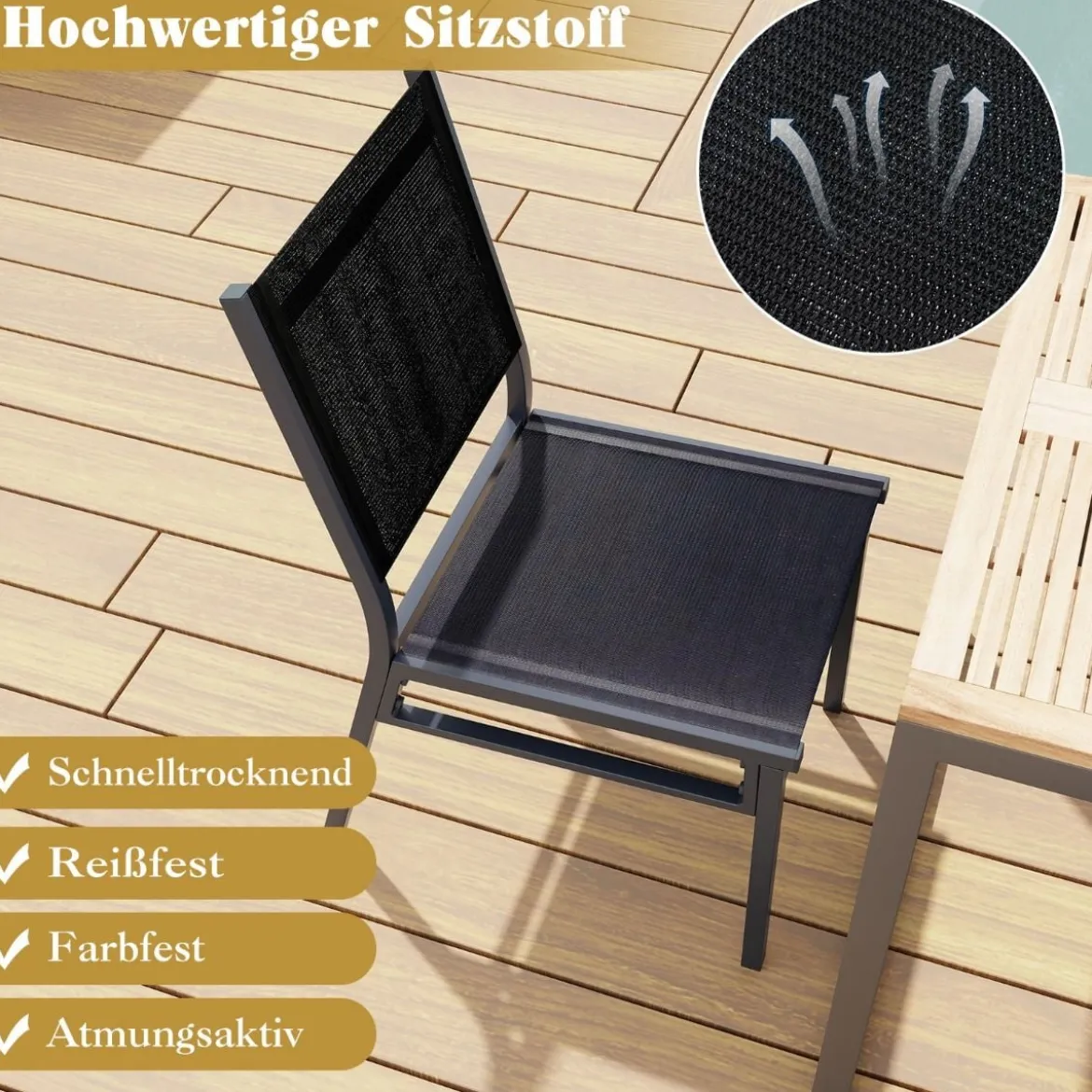 2er Set Gartenstühle Alu wetterfeste Terrassenstühle mit atmungsaktivem Sitz und Rückenlehn 60 x 45 x 87 cm Schwarz