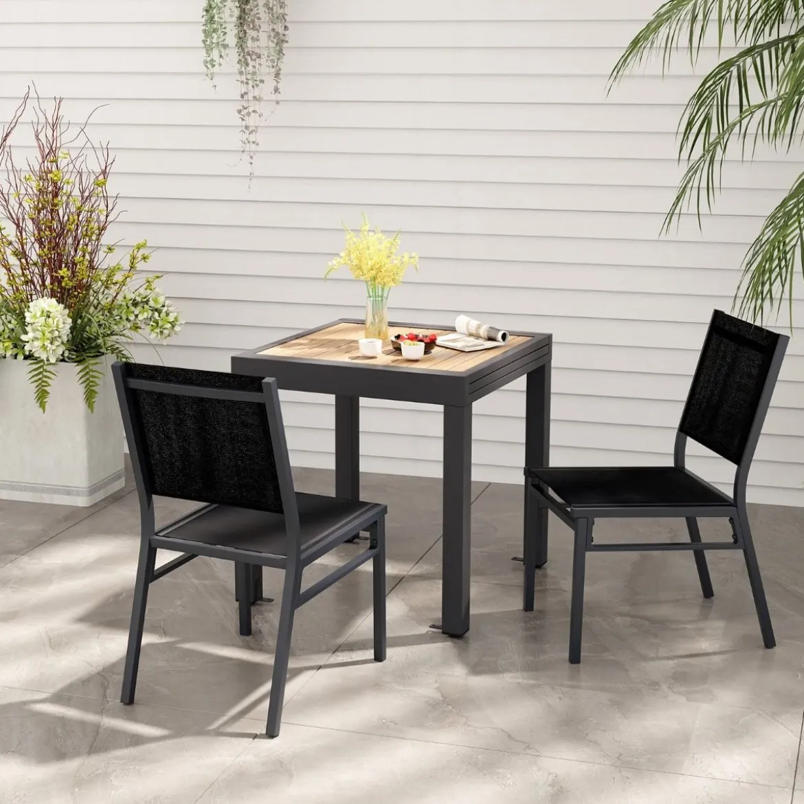 2er Set Gartenstühle Alu wetterfeste Terrassenstühle mit atmungsaktivem Sitz und Rückenlehn 60 x 45 x 87 cm Schwarz