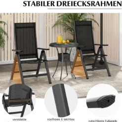 2er Set Gartenstühle Alu wetterfester Klappstuhl mit 7-Fach Verstellbarer Rückenlehne Schwarz